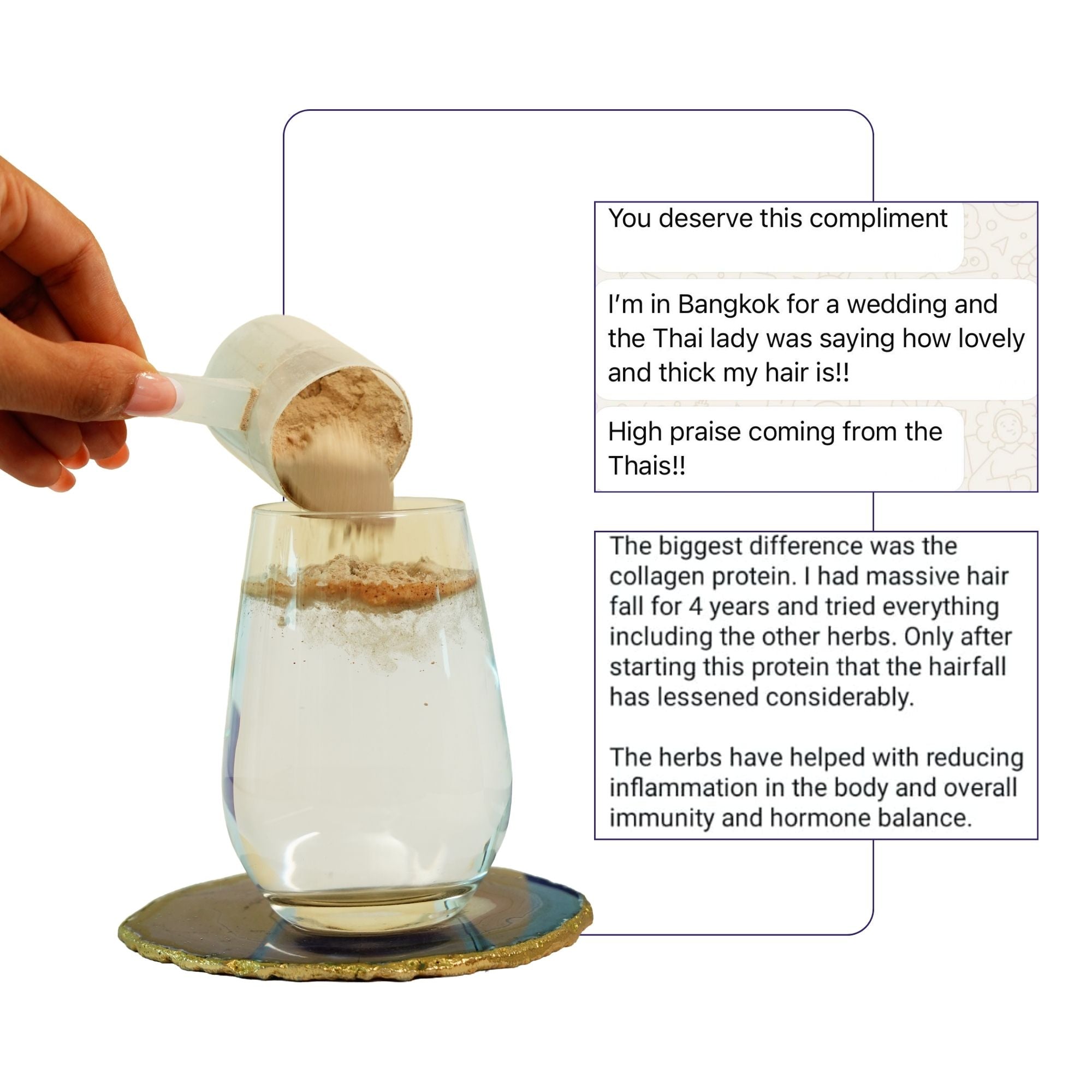 Hand pouring vegan supplement powder into a glass of water with customer testimonials on benefits.