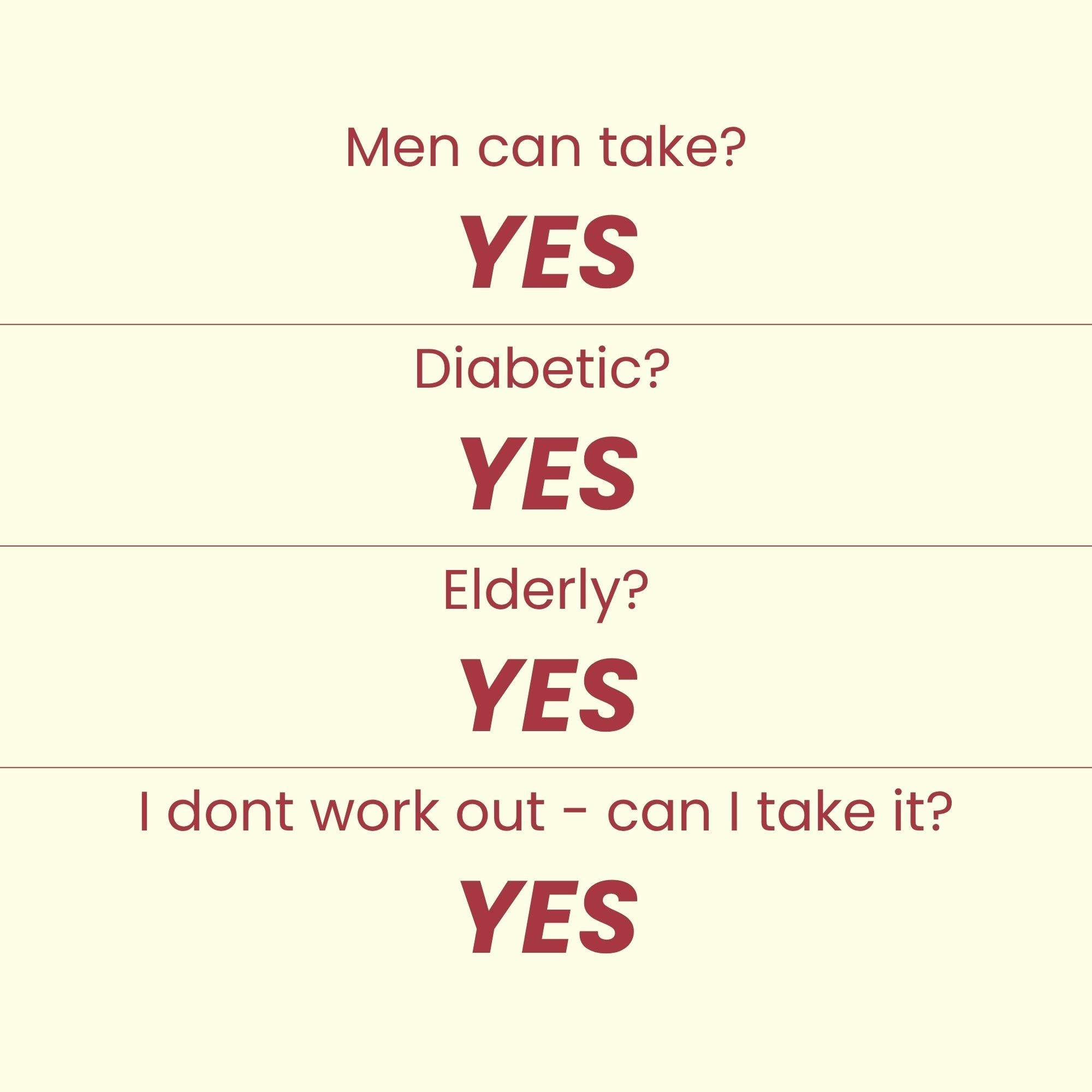 Supplement usage FAQ for men, diabetics, elderly, and non-active individuals, all answered yes.